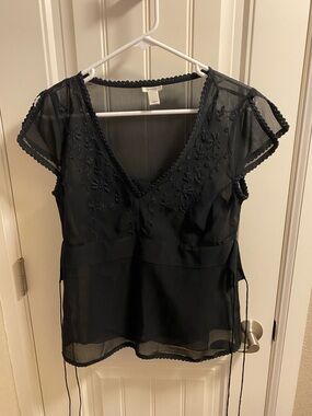 Vintage Old Navy M Top Black Perfect Fit Blouse Lined Shirt Tie Sheer Medium